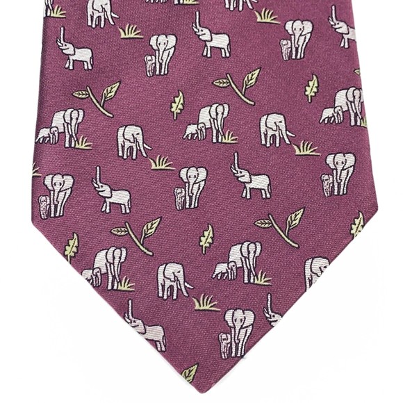 Jim Thompson Tie Mulberry Color - Elephants with Baby Animal Leaf Necktie - Picture 4 of 11